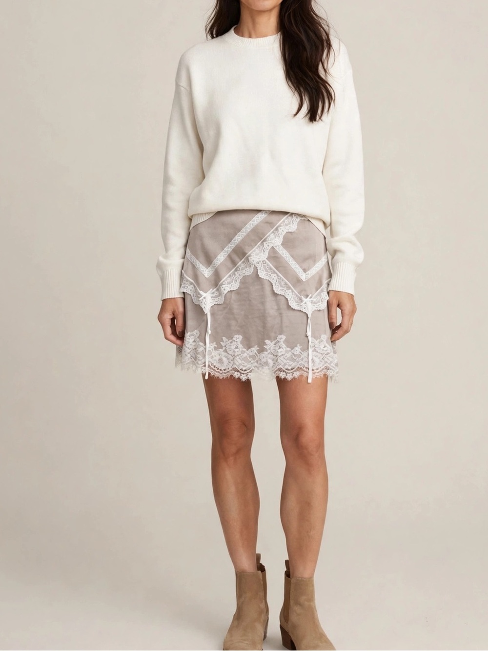 Lace-Trim Taupe Satin  Mini Skirt Size S NWT